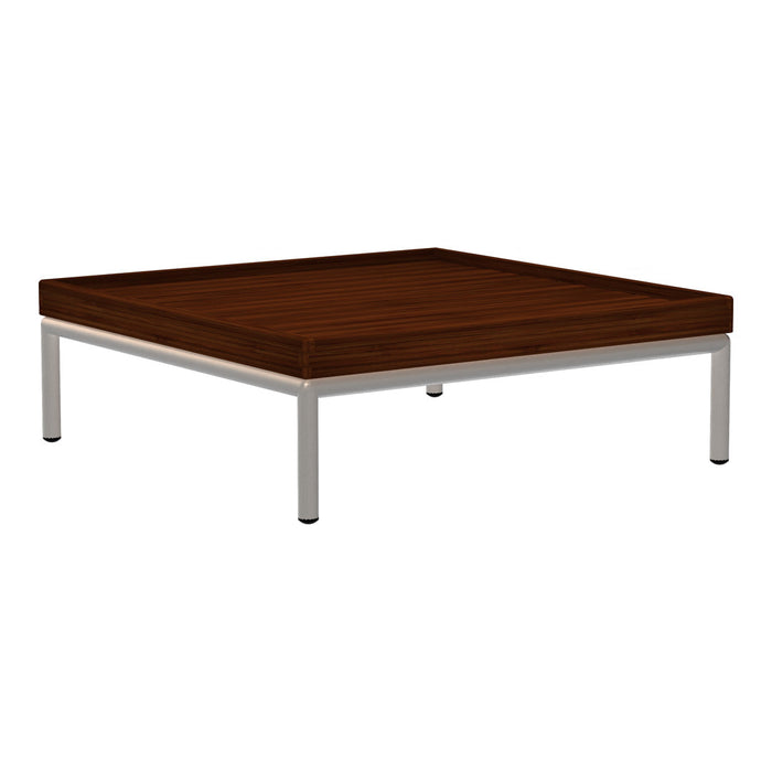 Square coffee table with a rich dark brown wood top and sleek silver metal legs, showcasing a modern minimalist design.