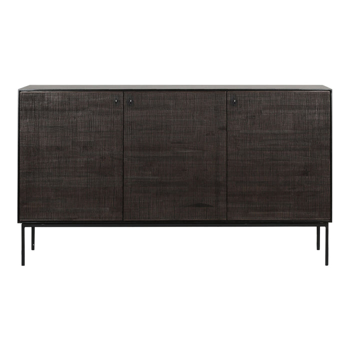 Dark wood sideboard with a textured finish and sleek black metal legs, featuring minimalist lines and a modern design.