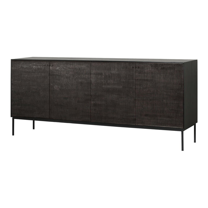 Dark wood sideboard with textured surface and sleek black metal legs. Modern design with minimalist aesthetic.