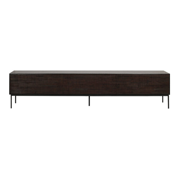 Dark wood media console with textured surface and sleek black metal legs, showcasing a modern minimalist design.