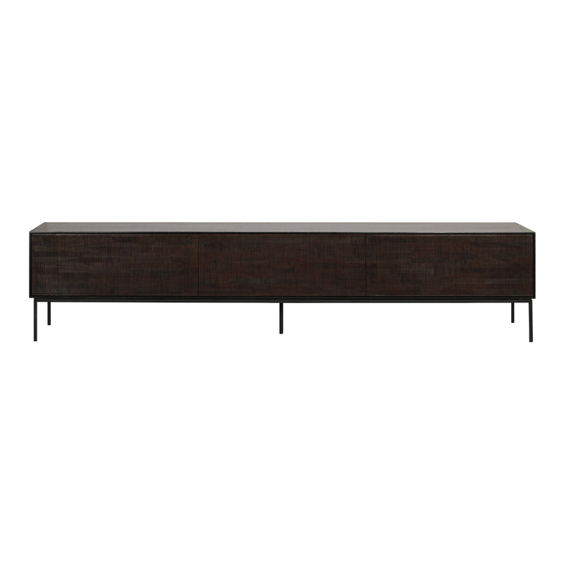 Dark wood media console with textured surface and sleek black metal legs, showcasing a modern minimalist design.