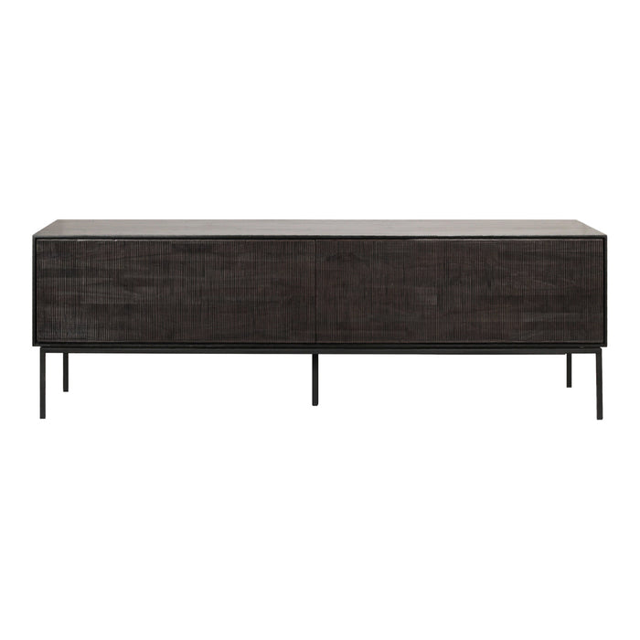 Sleek black wooden sideboard with a textured finish and minimalist black metal legs. Ideal for modern decor.
