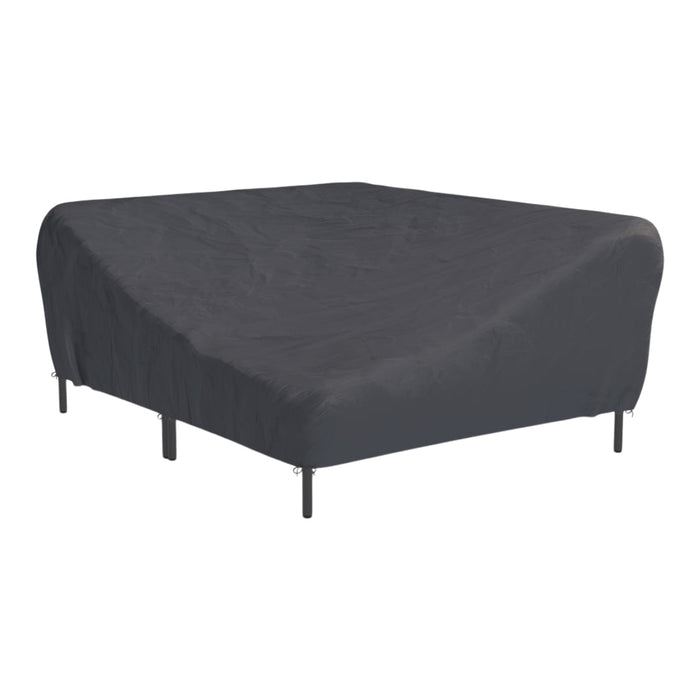 Black protective cover for bed, featuring a smooth, solid texture with minimalistic design. Ideal for outdoor use.