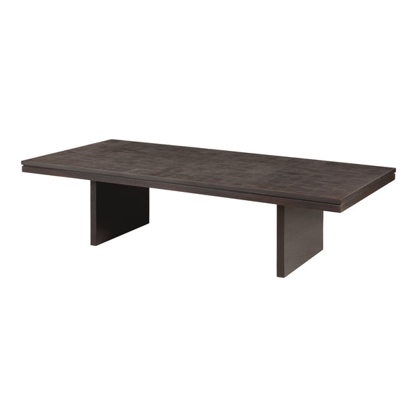 Dark brown rectangular coffee table with a smooth wood grain finish and simple geometric design. 