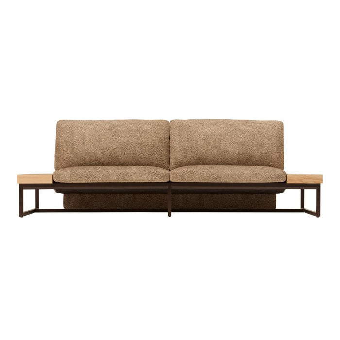 Modern sofa in warm brown upholstery with a textured pattern and sleek wood and metal base. Ideal for contemporary spaces.