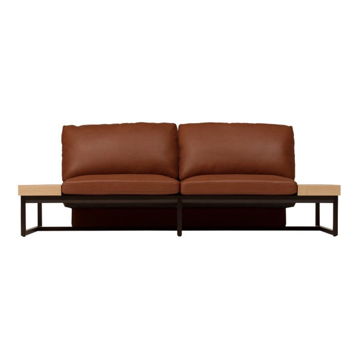 Brown leather sofa with sleek black metal frame and light wood accents, showcasing a modern and minimalist design.