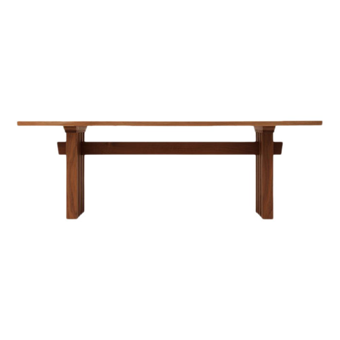 Natural wood table in rich brown tones with sleek, minimalist design and solid rectangular base.
