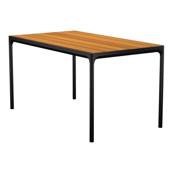 "Rectangular table featuring a warm wood pattern top and sleek black metal legs."