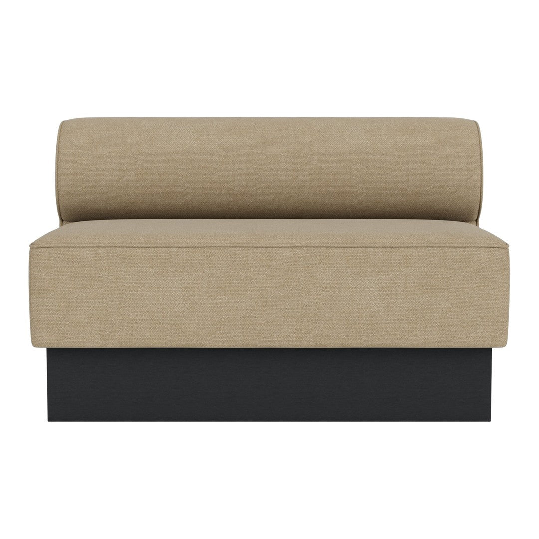 Beige upholstered loveseat with a sleek black base and smooth, minimalistic design. Ideal for modern decor.