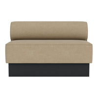 Beige upholstered loveseat with a sleek black base and smooth, minimalistic design. Ideal for modern decor.