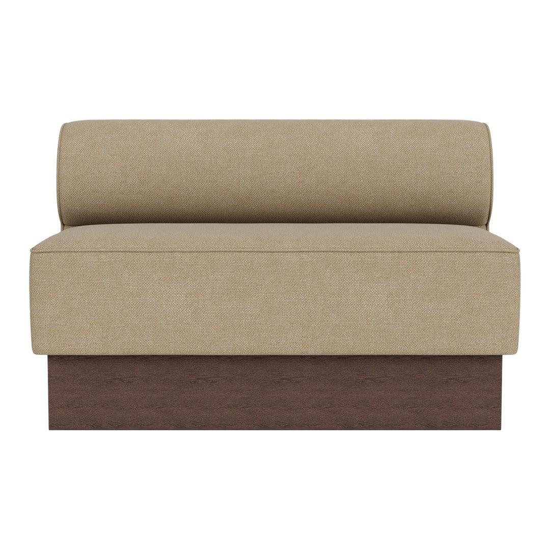 Beige upholstered loveseat with a sleek wood base, featuring a simple, modern design and no distinct patterns.