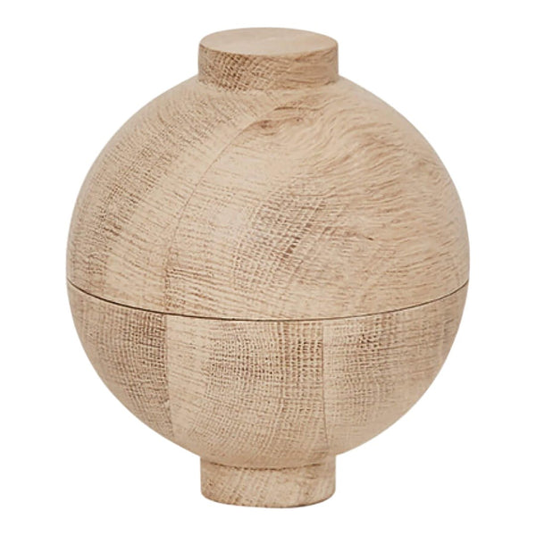 Natural wooden sphere box with a textured, light brown finish and smooth, rounded edges. Stylish decorative storage.