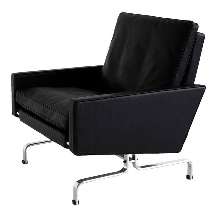 Black armchair with a sleek design, featuring solid black upholstery and chrome legs for a modern aesthetic.