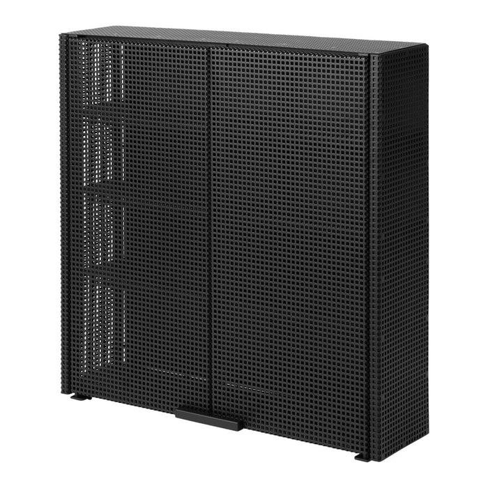 Black mesh cabinet with a modern, perforated pattern, featuring two doors and an open design for stylish storage.