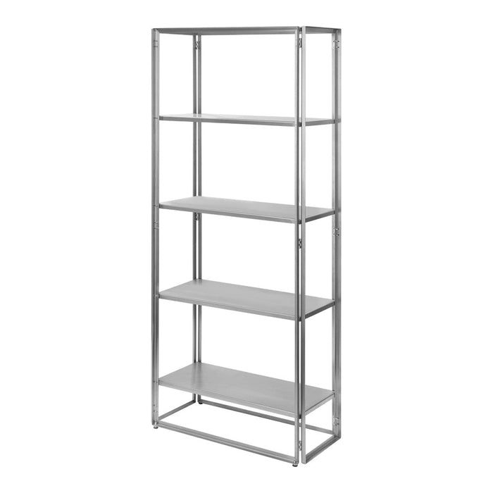 Silver metal shelving unit with clean, minimalist design and no visible patterns, featuring four spacious shelves.