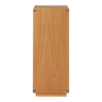 Light wood storage cabinet with a smooth, natural grain pattern and black accents. Ideal for modern spaces.
