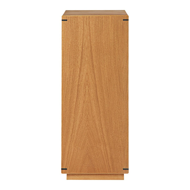 Light wood storage cabinet with a smooth, natural grain pattern and black accents. Ideal for modern spaces.
