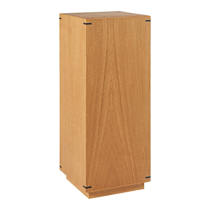 Wooden pedestal table in warm oak finish with subtle grain pattern and black accents. Perfect for modern decor.