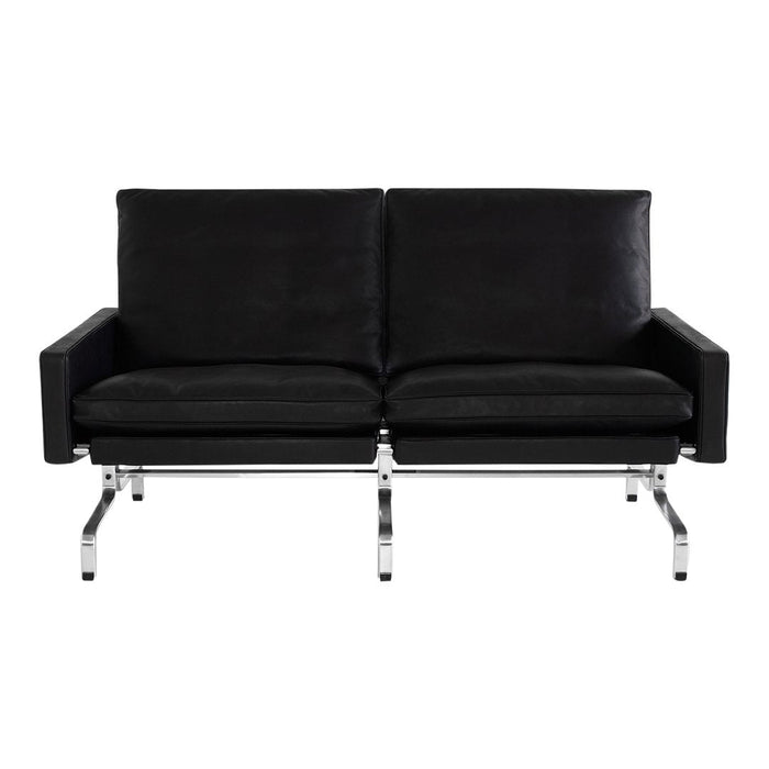 Black velvet two-seater sofa with sleek chrome legs and modern minimalist design. Perfect for contemporary interiors.