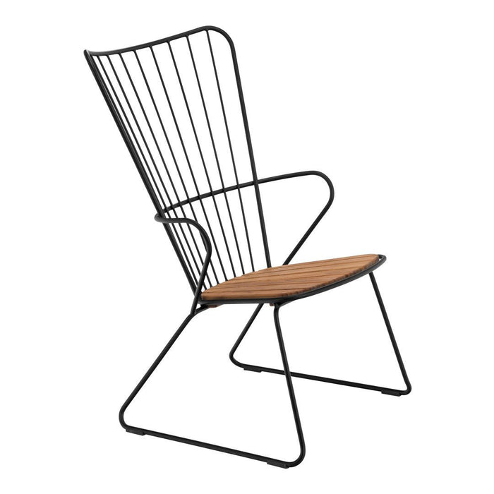 Black wire chair with a sleek, modern design and a warm wooden seat, ideal for contemporary decor.
