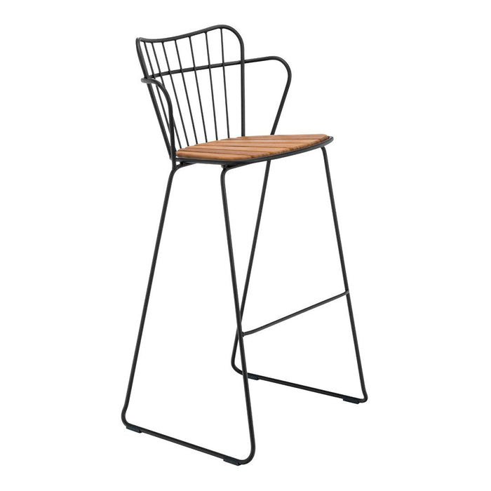 Stylish black metal bar stool with a natural wood seat and modern wire design. Perfect for contemporary decor.