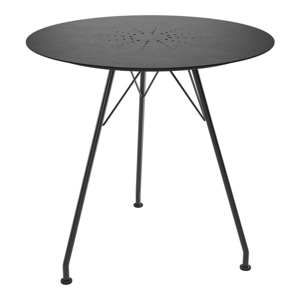 Round black metal table with a perforated patterned top and slender black legs, perfect for modern outdoor spaces.