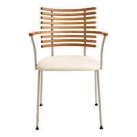 Beige cushioned chair with natural wood slat backrest and silver metal legs, featuring a modern, minimalist design.