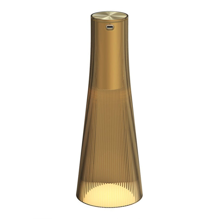 "Golden tapered glass bottle with vertical ribbed pattern and sleek metallic top."