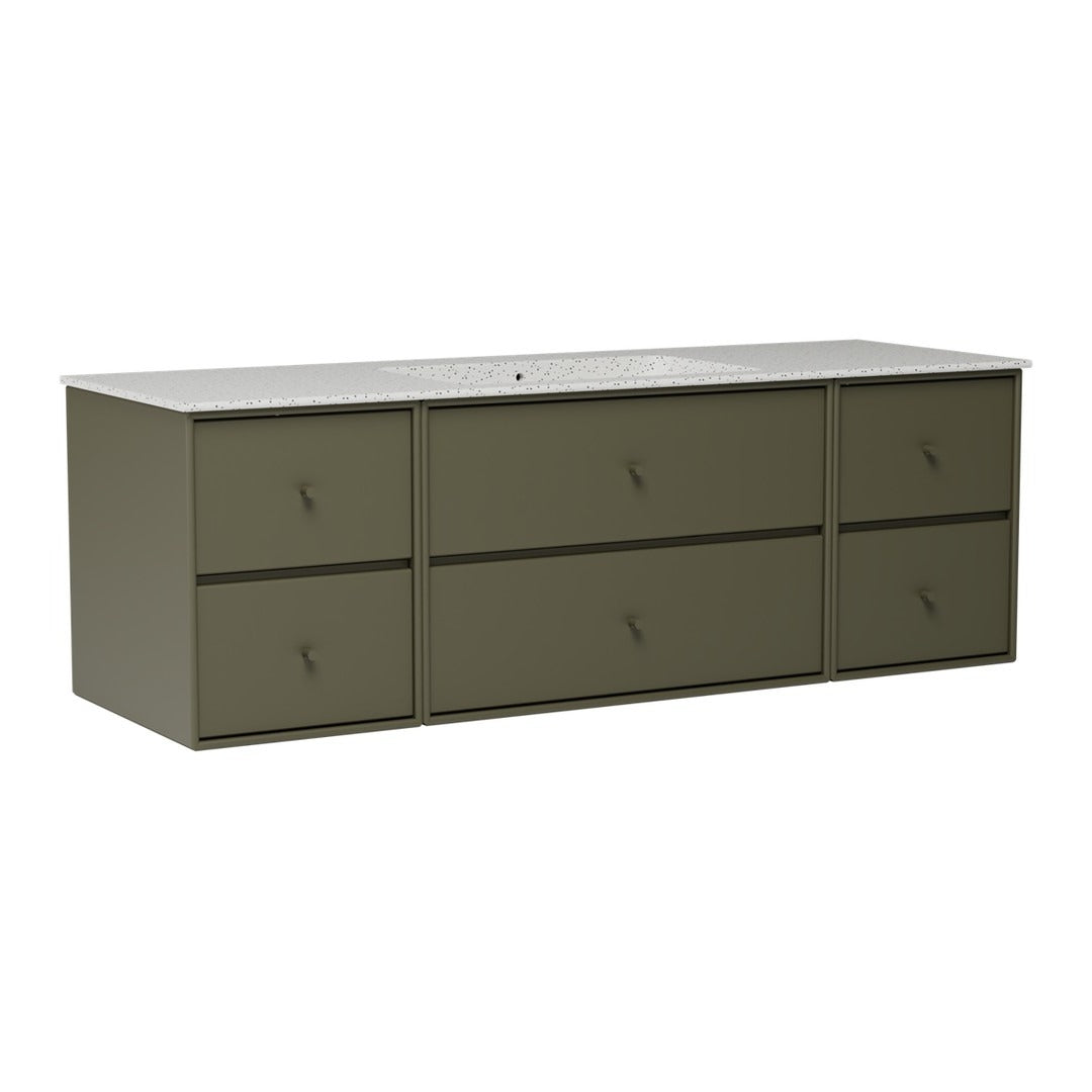 Olive green dresser with a smooth white top and simple drawer knobs. Perfect for modern home decor.