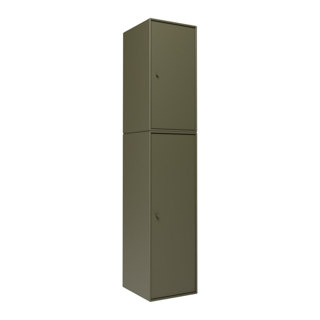 Tall metal cabinet in matte olive green with a sleek, minimalist design and no visible patterns.