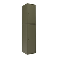 Tall metal cabinet in matte olive green with a sleek, minimalist design and no visible patterns.