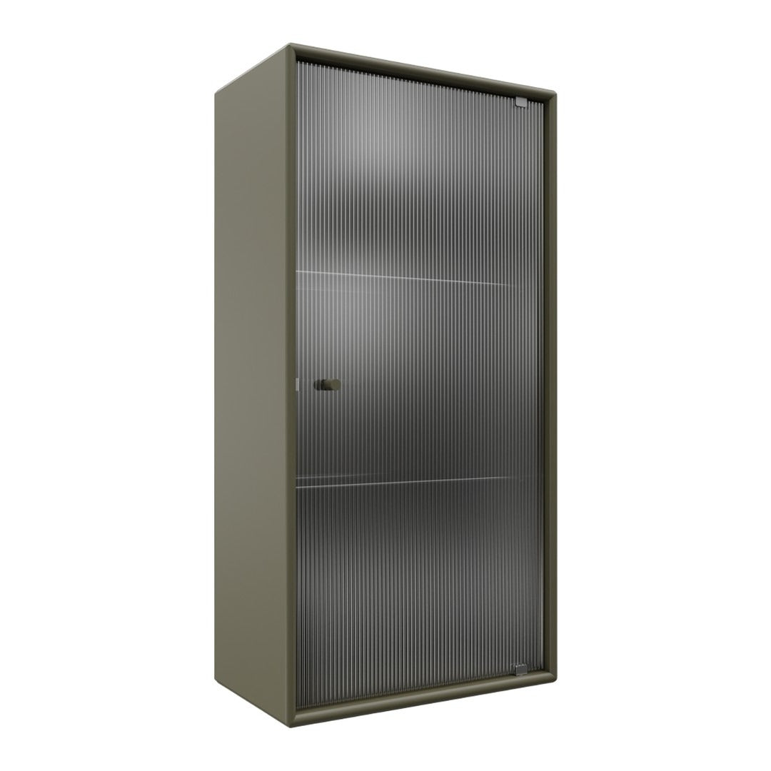 Olive green cabinet with a sleek, vertical ribbed door pattern. Modern design for stylish storage solutions.