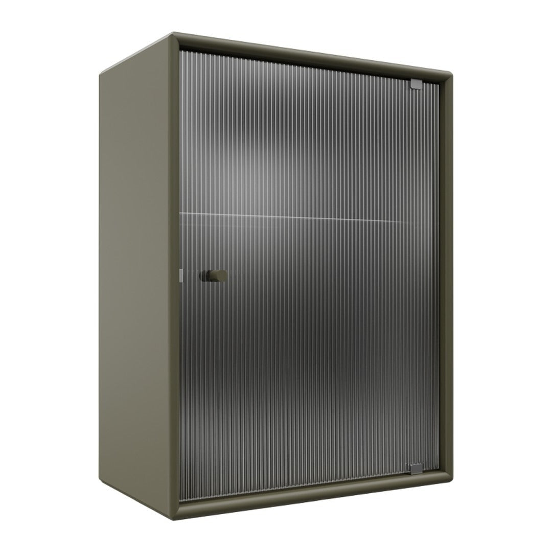 Olive green storage cabinet with a sleek, ribbed silver door pattern, combining modern aesthetics and functionality.