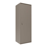 Tall, slim cabinet in a warm taupe color with a smooth, matte finish. Minimalist design, no visible patterns.