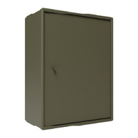 Olive green storage cabinet with a smooth, matte finish and a minimalist design. Perfect for modern interiors.