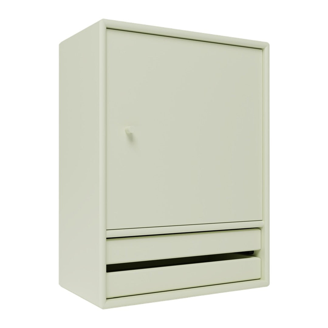 Light green cabinet with a smooth finish, featuring a single door and two drawers in a minimalistic design.