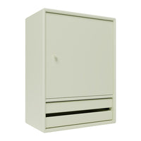 Light green cabinet with a smooth finish, featuring a single door and two drawers in a minimalistic design.