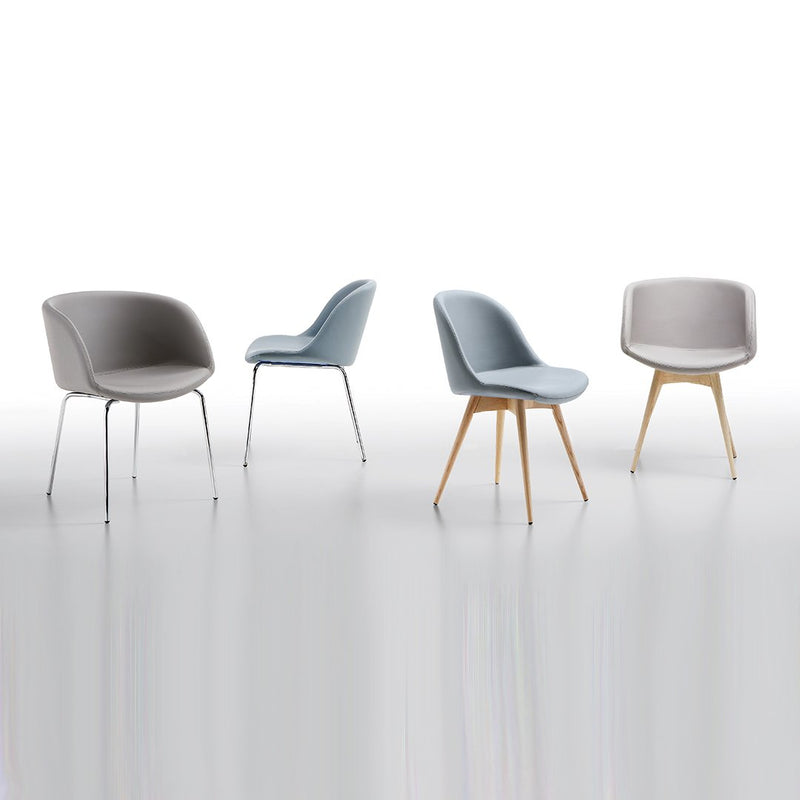 Stylish chairs in gray and soft blue tones with smooth curves and natural wood legs. Modern design for any space.