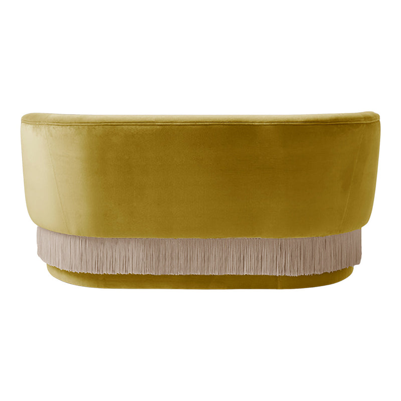 Velvet yellow sofa with fringe detailing in soft beige, featuring a smooth, modern design and elegant textures.