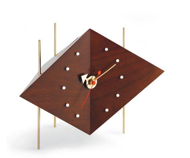 Wooden diamond-shaped clock with a rich brown finish and gold accents, featuring white dot hour markers and a vibrant red second hand.