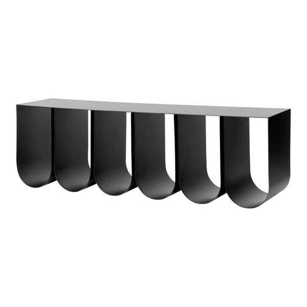 Sleek black metal wall shelf with curved, modern design. Minimalist aesthetic perfect for contemporary spaces.