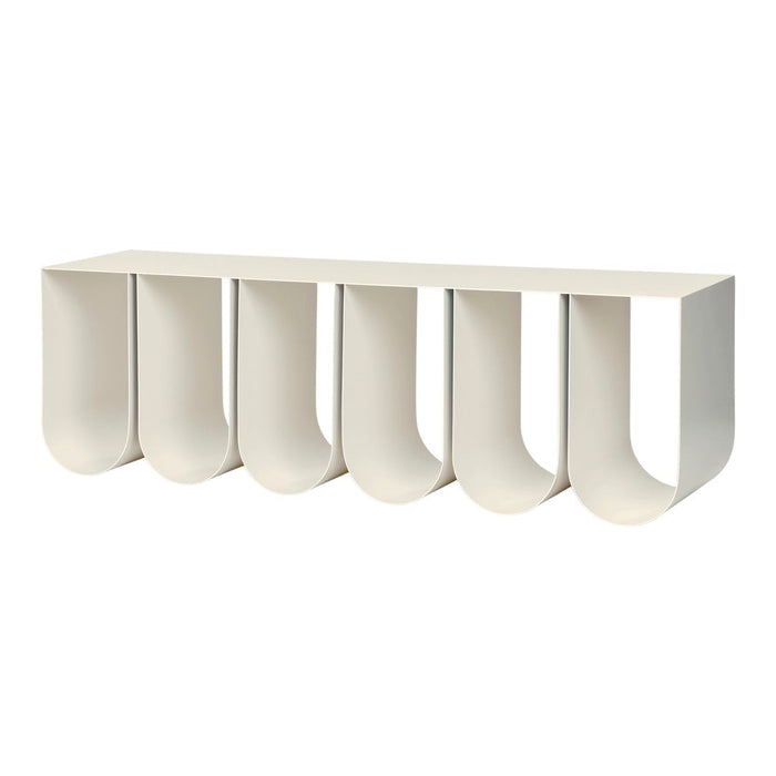 Sleek white shelf with a modern curved design, featuring a smooth surface and minimalist aesthetic.