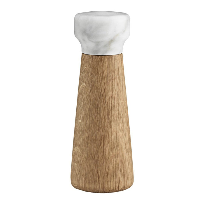 "Natural wood grain body with a white marble top, simple and modern design."