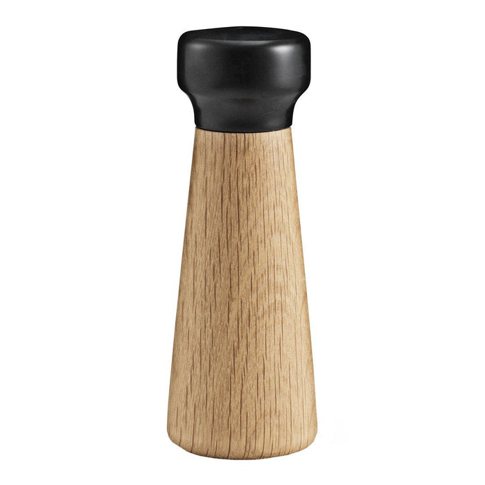 Natural light wood pepper mill with a sleek black top, featuring a smooth, tapered design.