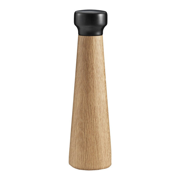 Wooden pepper mill with a natural oak finish and a sleek black top. Simple, modern design perfect for any kitchen décor.