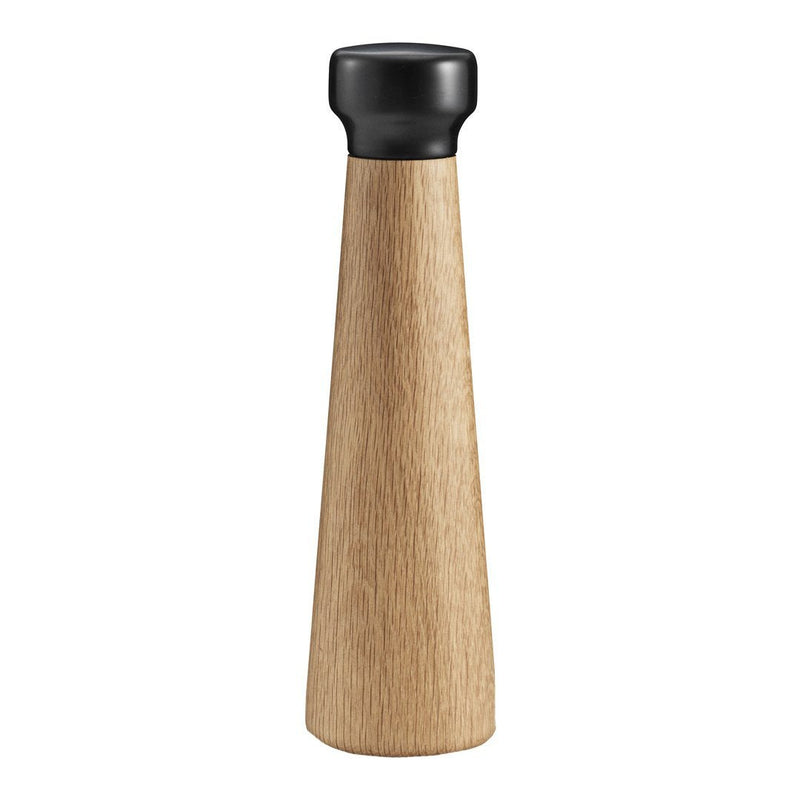 Wooden pepper mill with a natural oak finish and a sleek black top. Simple, modern design perfect for any kitchen décor.