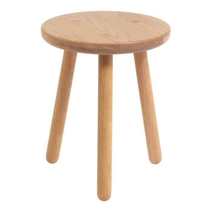 Natural wood round stool with light oak finish and smooth, simple design; features three sturdy wooden legs.