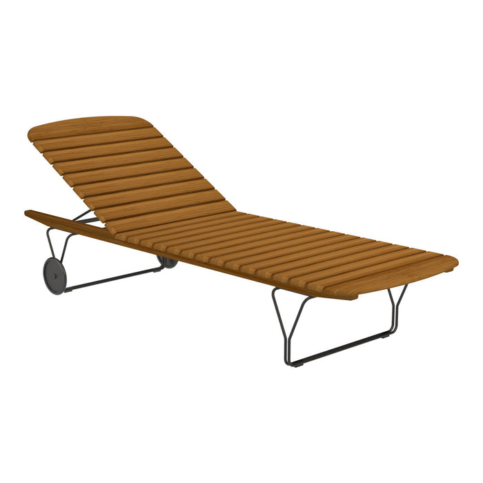"Brown slatted outdoor lounge chair with sleek black metal frame and adjustable reclining feature."