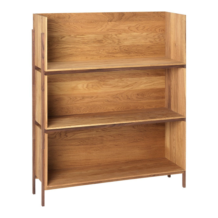 Wooden bookshelf featuring a warm oak finish with a natural grain pattern, showcasing three open shelves.