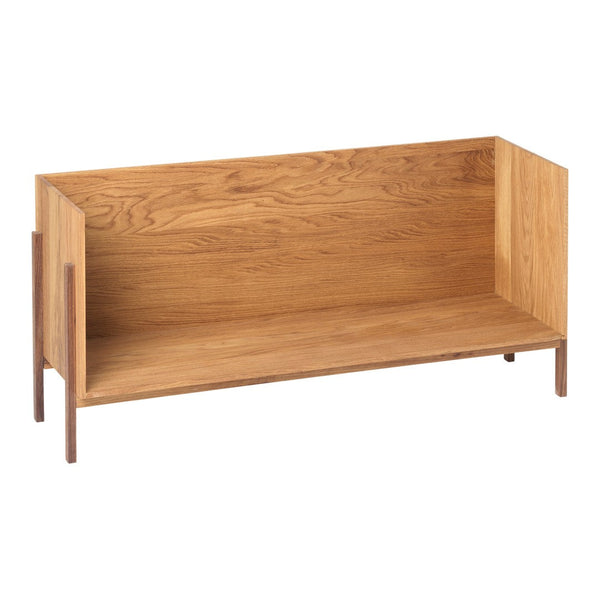 Natural wood bench with a warm oak finish, featuring smooth surfaces and minimalist design.